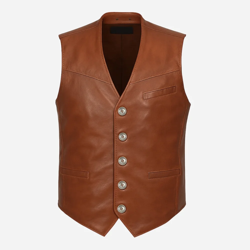 Mens leather waistcoat brandy 9914