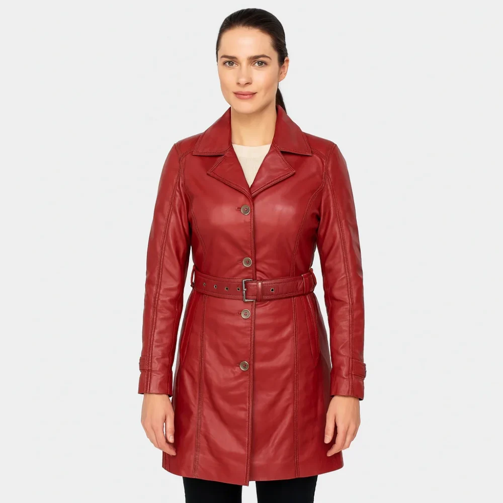 Ladies long leather red Trenchcoat