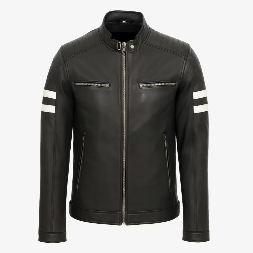 Men's leather biker jacket black Stripes
