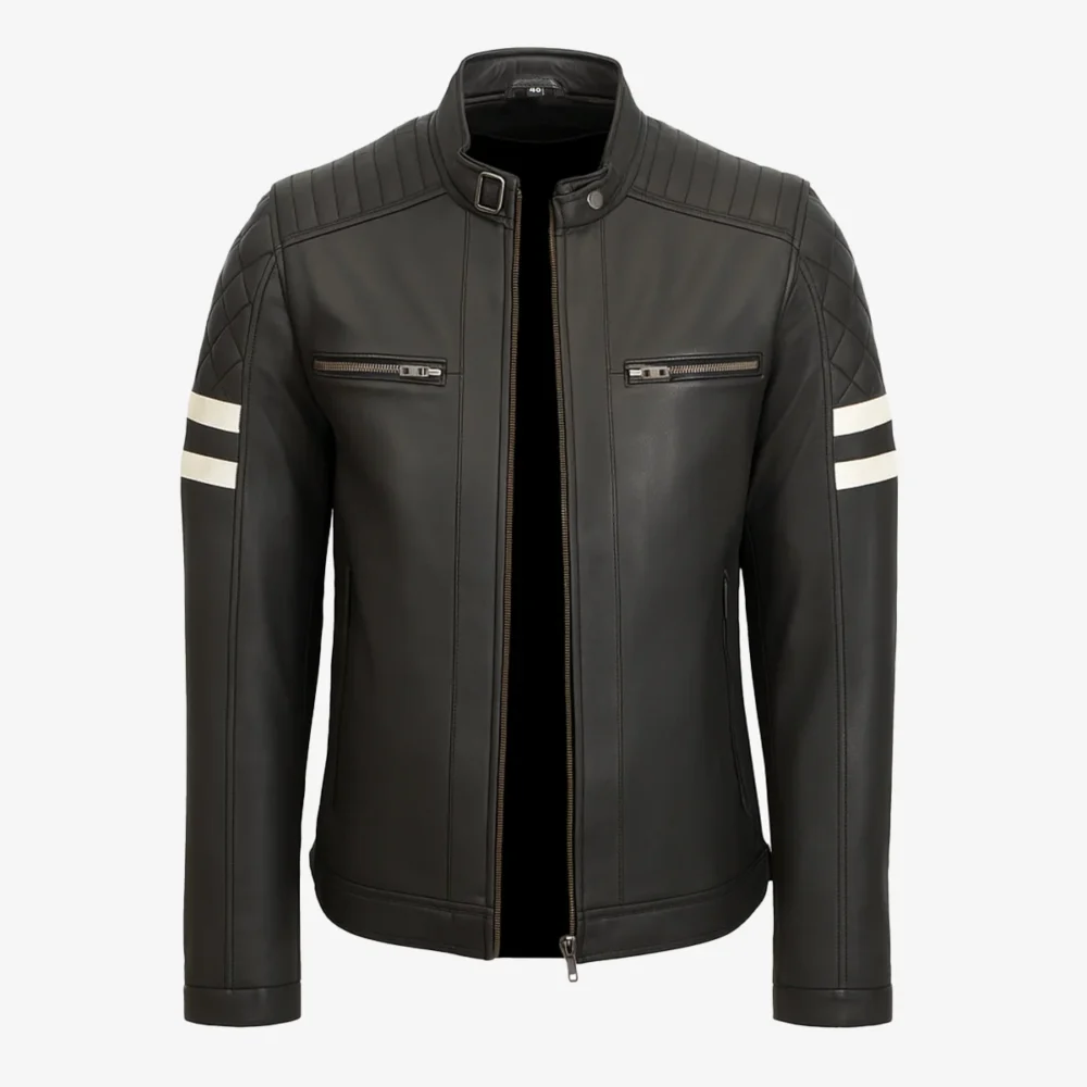 Men's leather biker jacket black Stripes