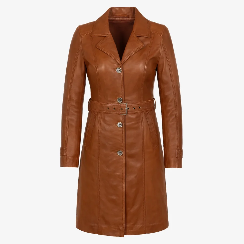 Ladies long leather brandy Trenchcoat