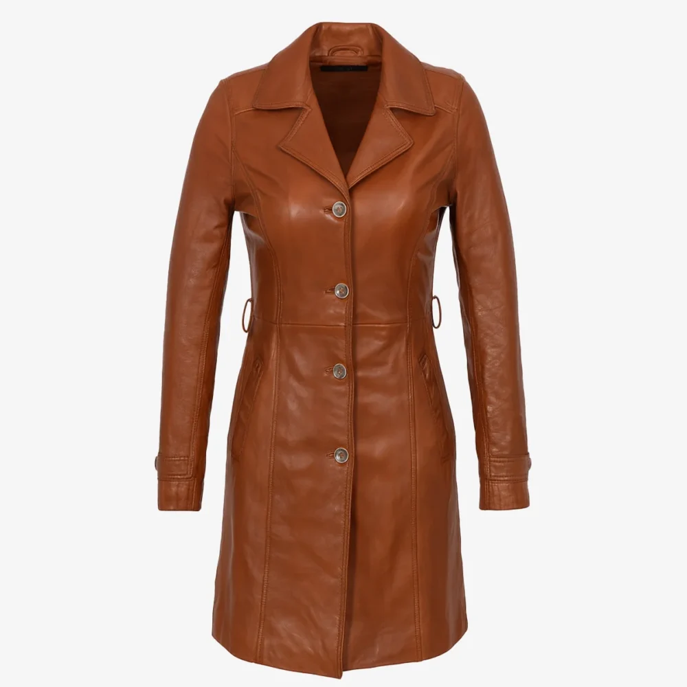 Ladies long leather brandy Trenchcoat