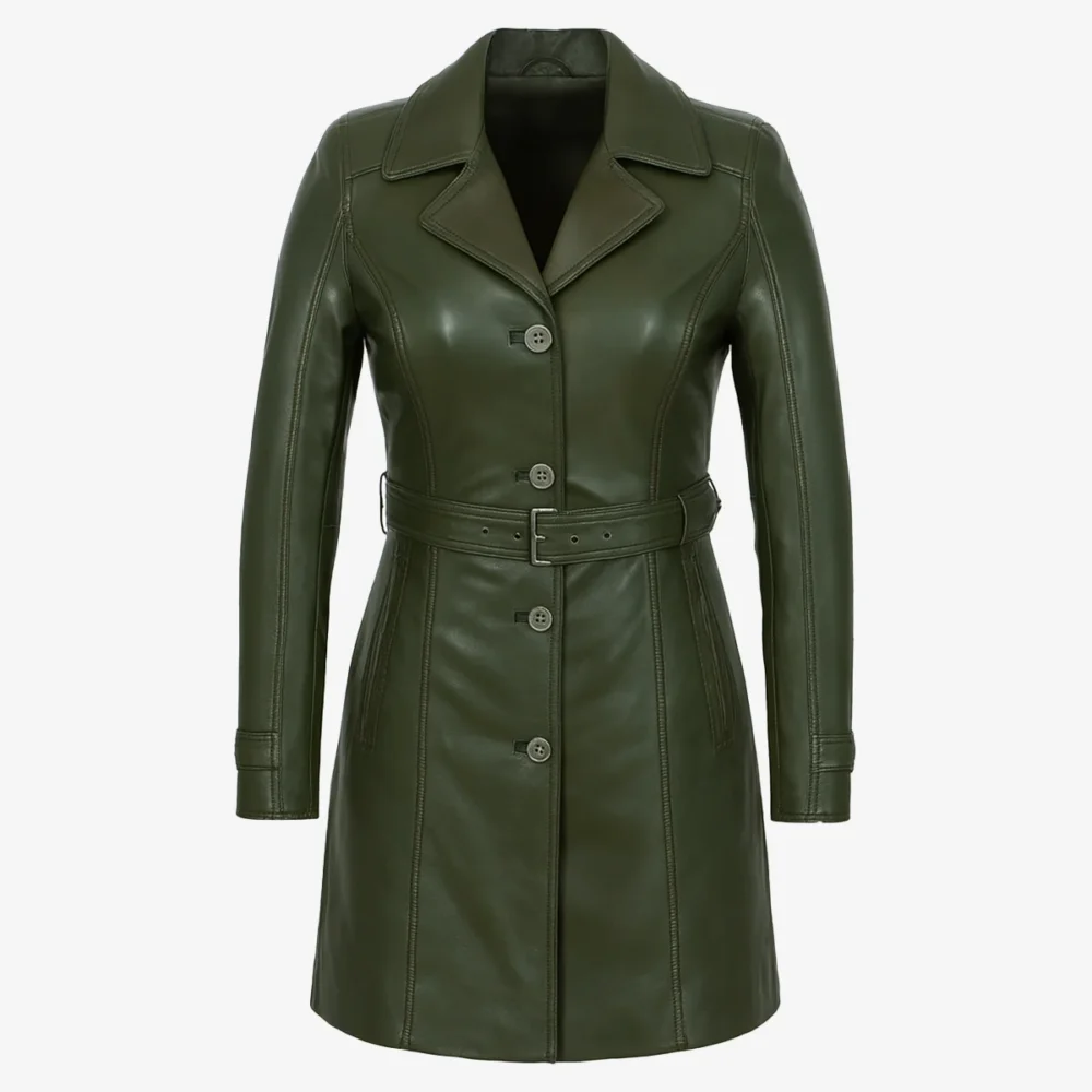 Ladies long leather green Trenchcoat
