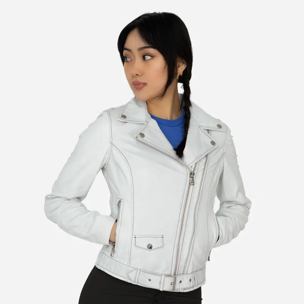 Ladies leather biker jacket perfecto white 9905