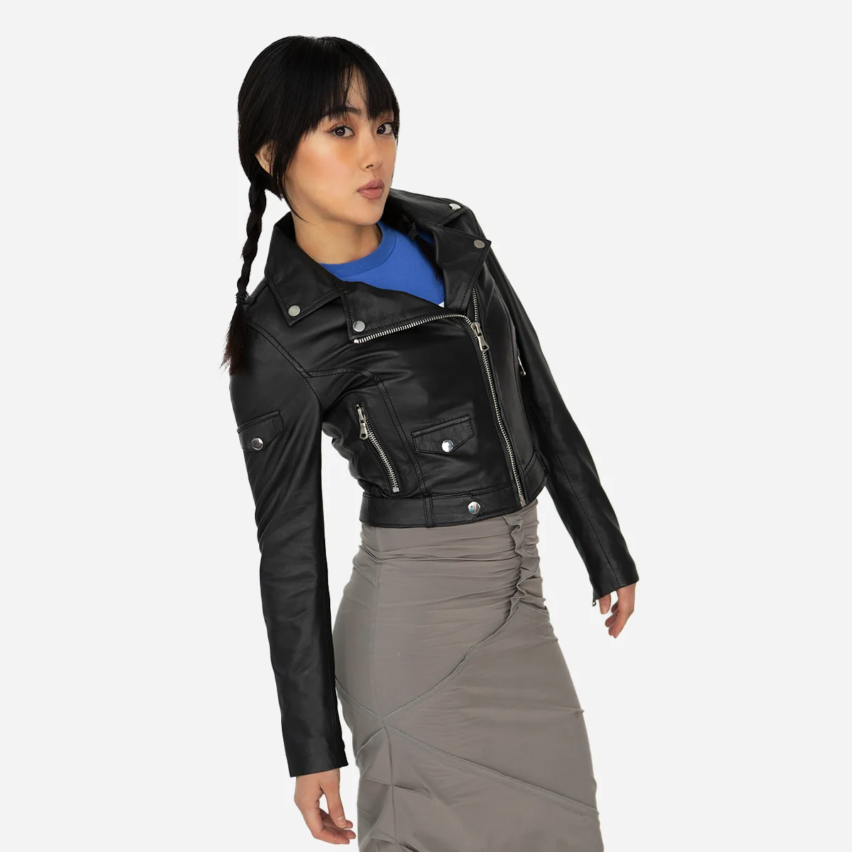 Ladies leather cropped biker jacket black Perfecto - Image 2