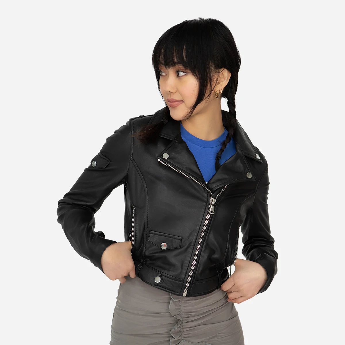 Ladies leather cropped biker jacket black Perfecto - Image 3
