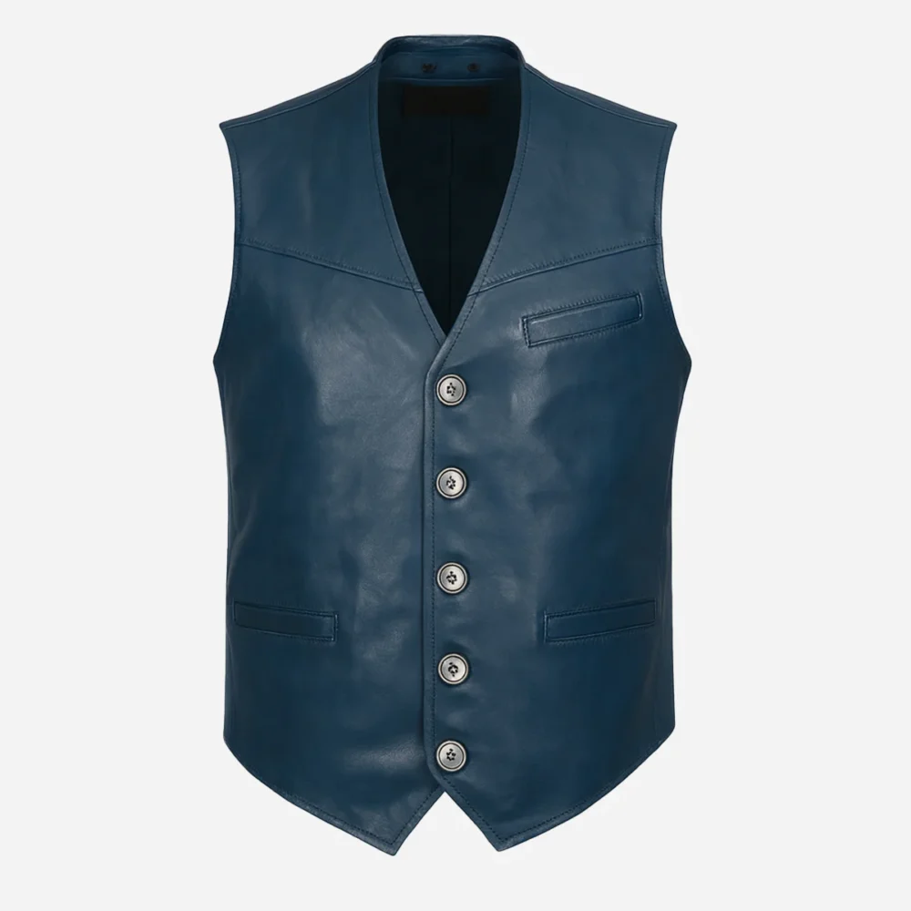 Mens leather waistcoat blue 9914