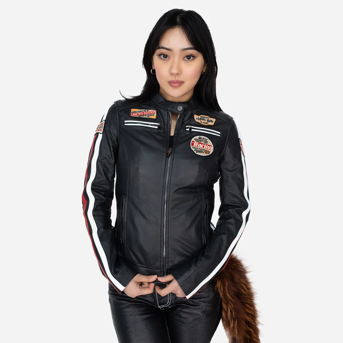 Ladies biker jacket stripes/patches black Lady T