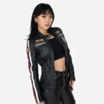 Ladies biker jacket stripes/patches black Lady T