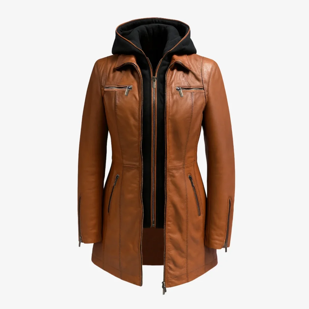 3/4 Slim-Fit Leather Coat with Removable Hoodie Carlo Sacchi