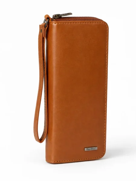 Womens leather clutch wallet with zip cognac