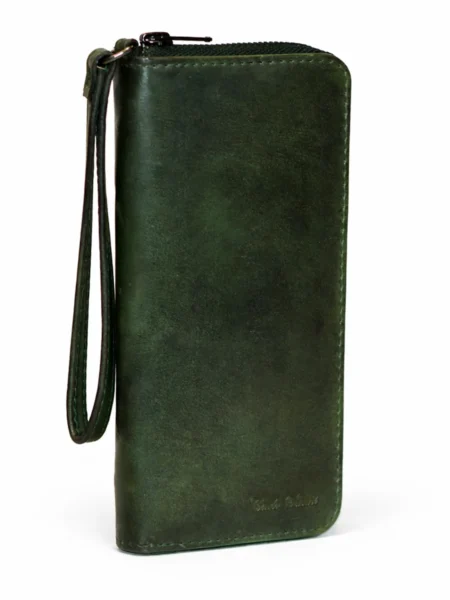 Womens leather clutch wallet with zip green