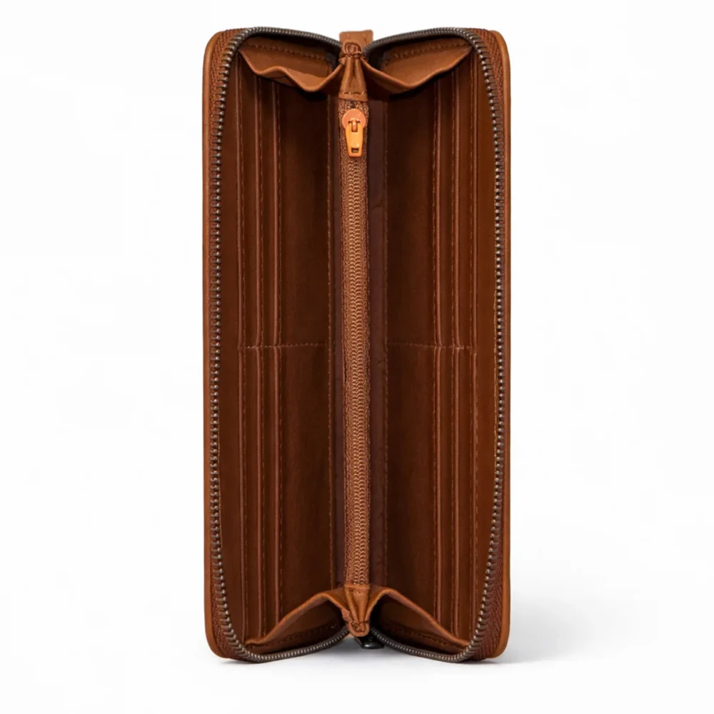 Womens leather clutch wallet with zip cognac