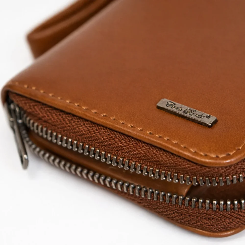 Womens leather clutch wallet with zip cognac