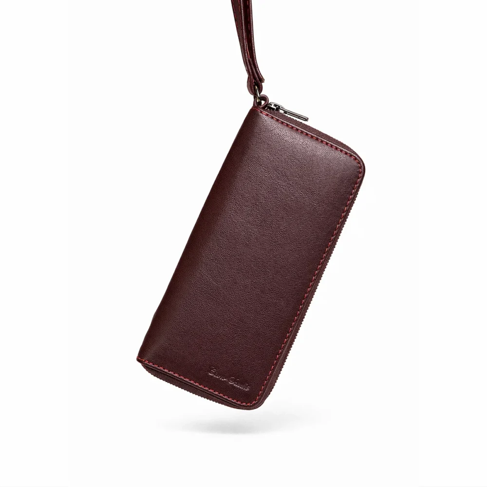 Womens leather clutch wallet with zip burgundy
