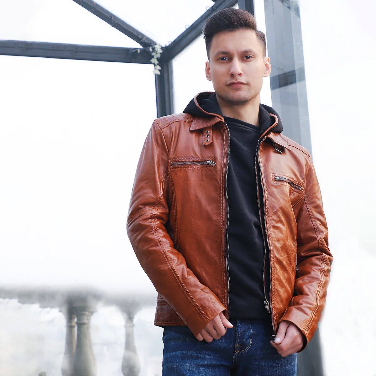 Men's hood leather jacket brandy 9932