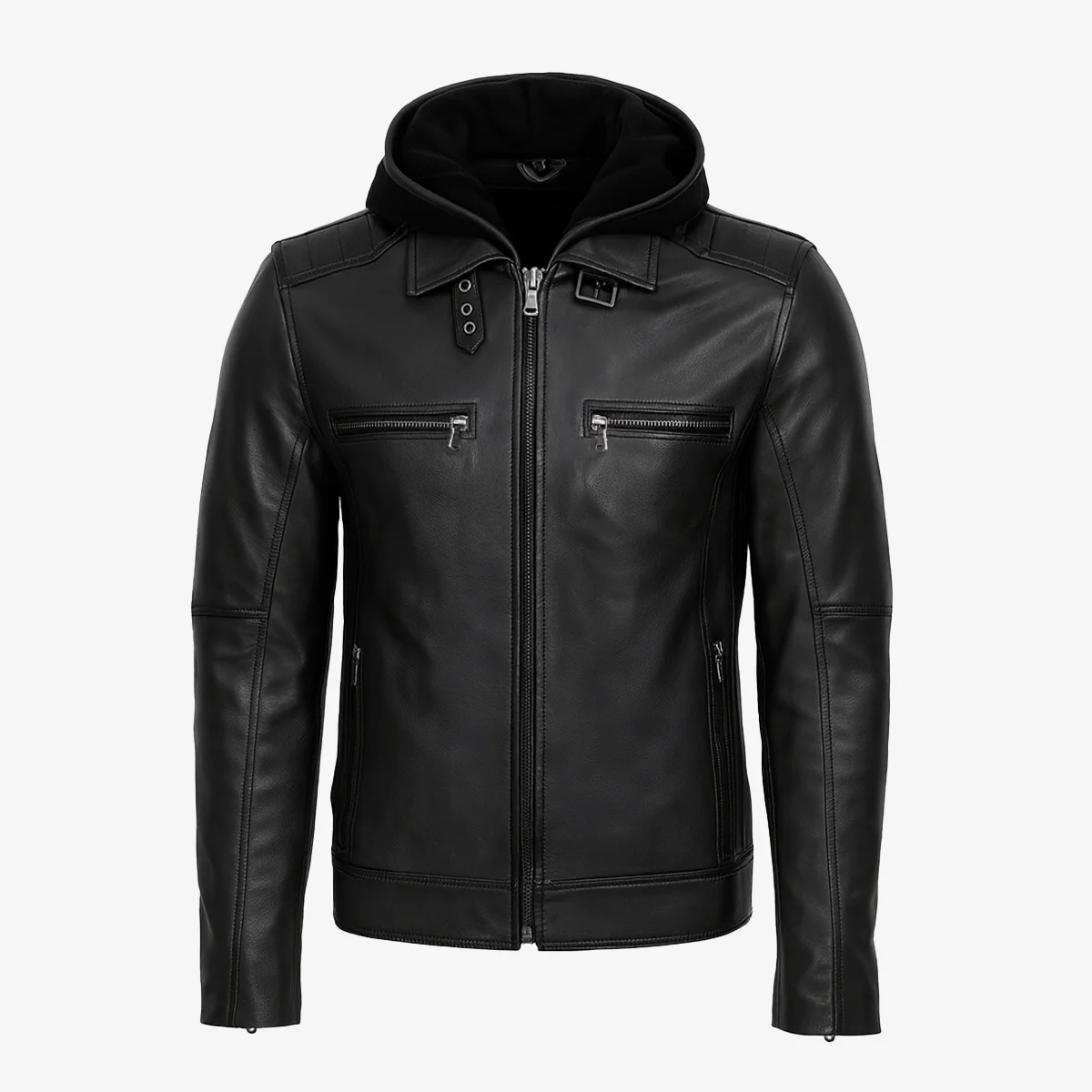 Men's hood leather jacket black 9932