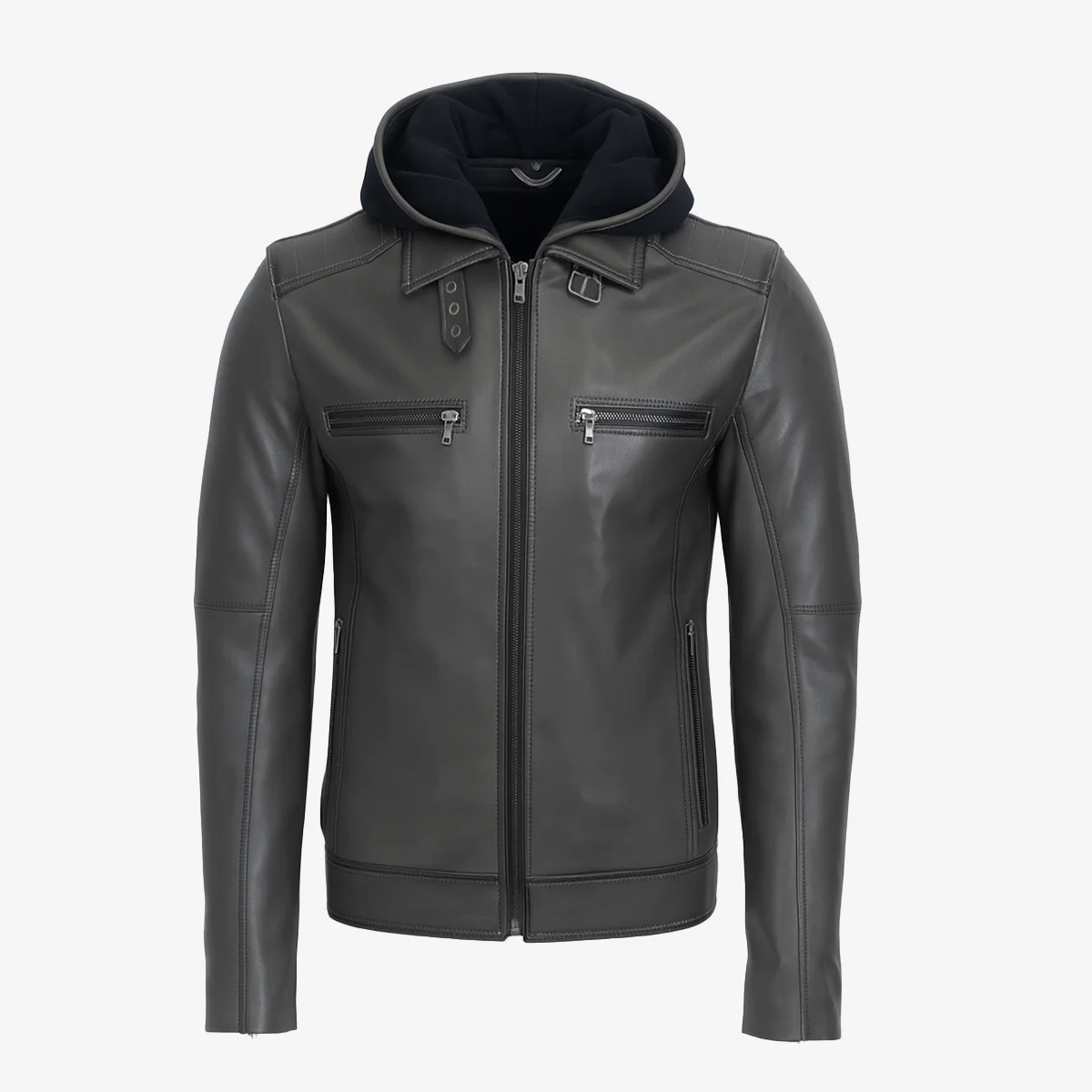 Men's hood leather jacket charcoal 9932 - Image 2