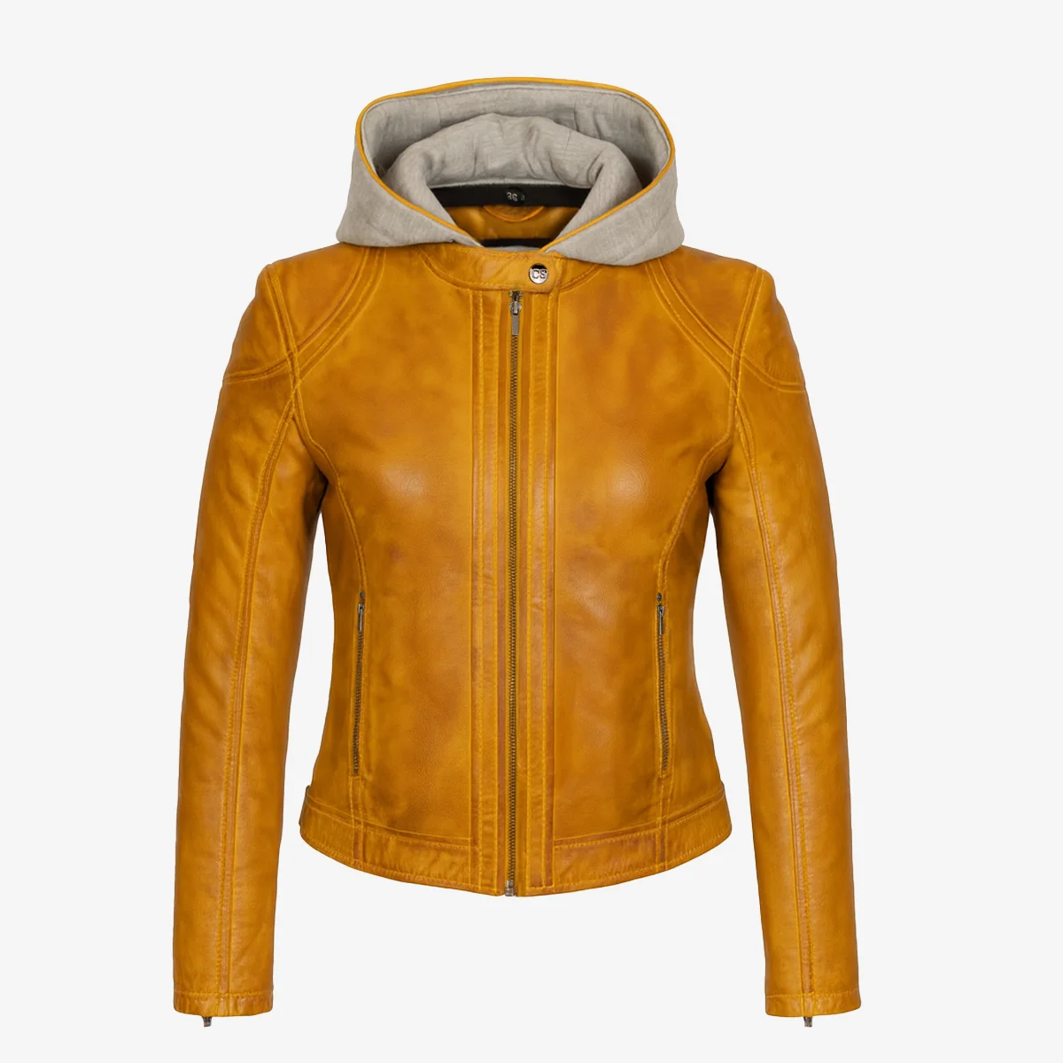 Womens warm leather hood jacket yellow GP