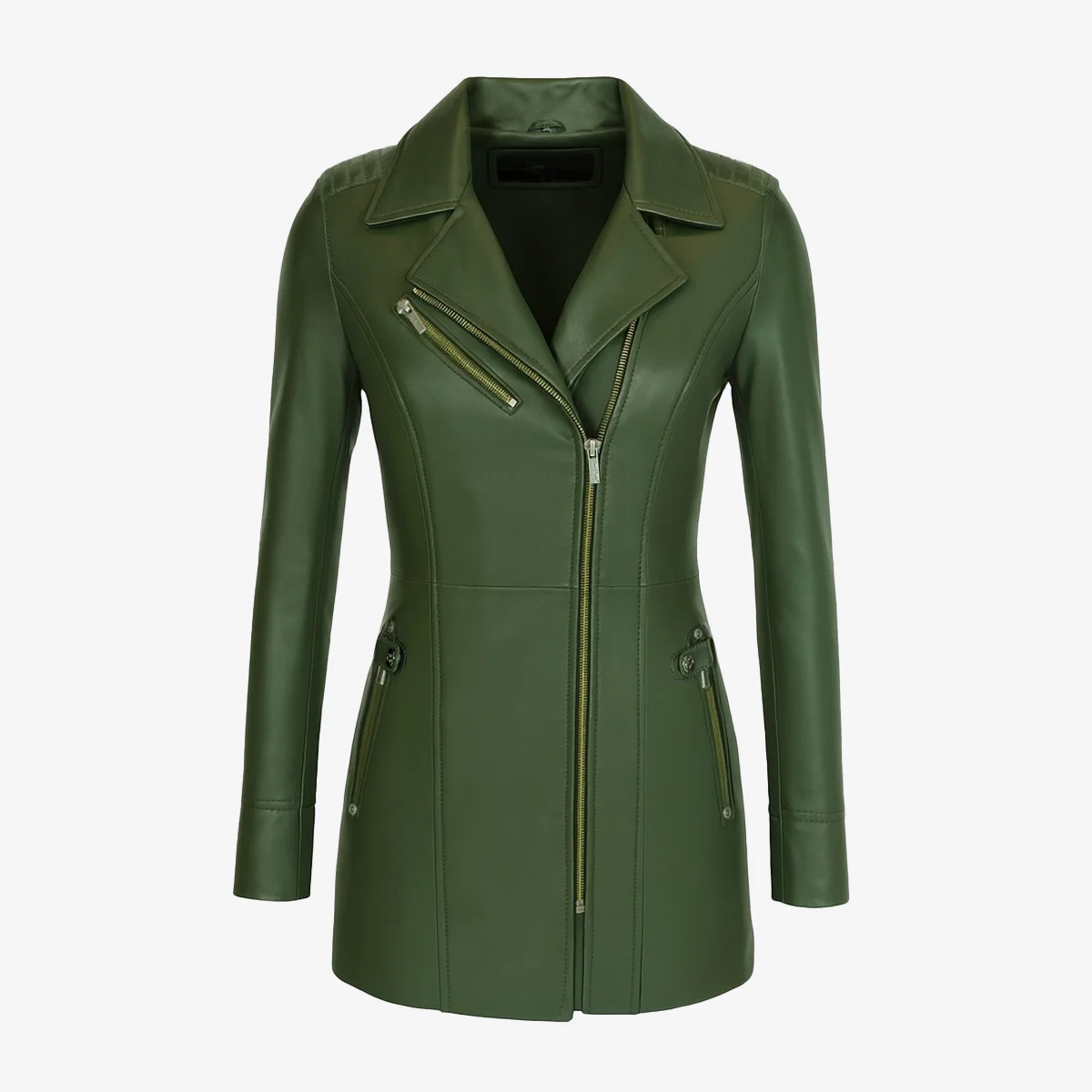 Womens leather half long jacket green Sofia