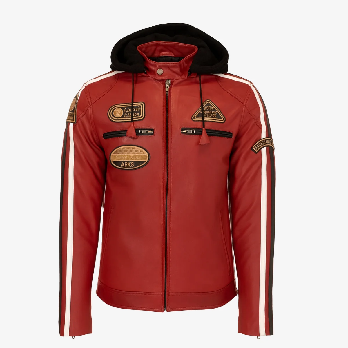 Mens leather biker jacket stripes/patches red T20