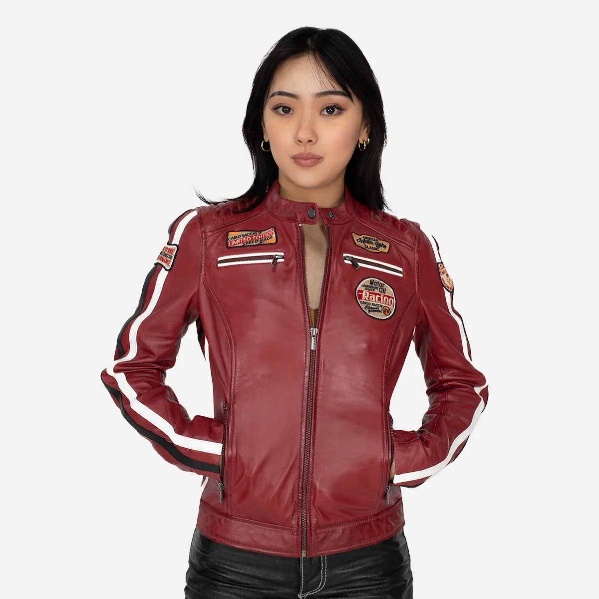 Ladies leather biker jacket red Lady T 24