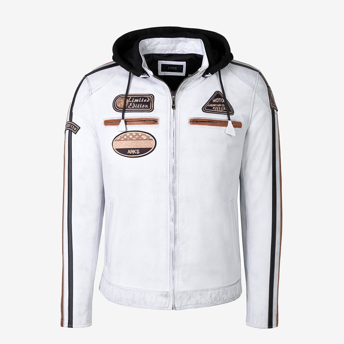 Mens leather biker jacket stripes/patches black T20 - Image 11
