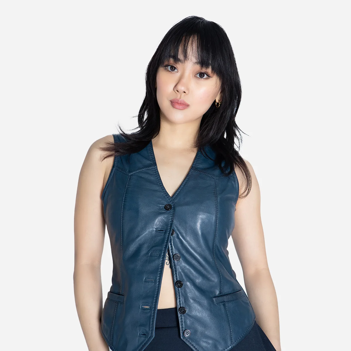 Women leather vest jeans blue waistcoat - Image 2
