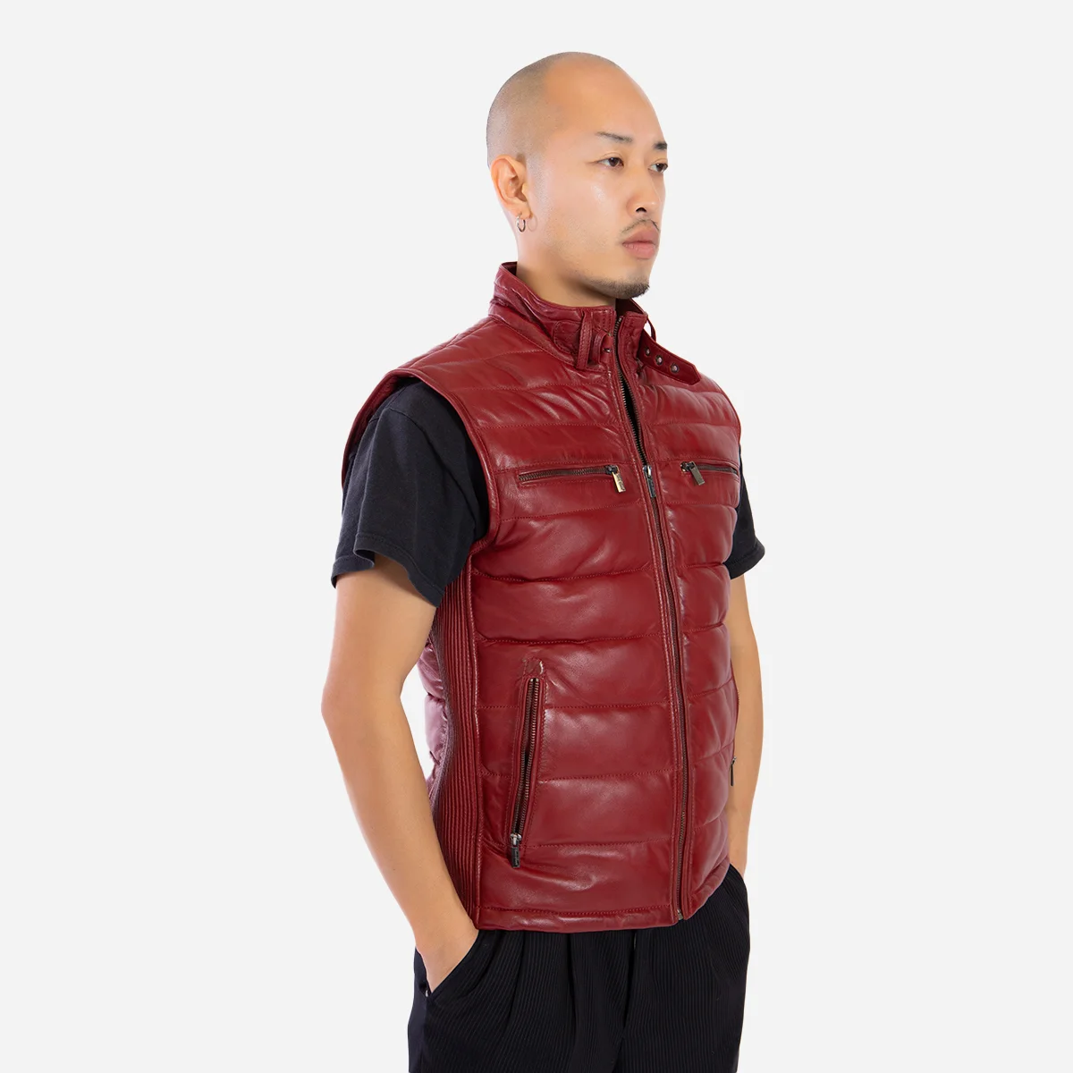 Mens leather puffer red bodywarmer - Image 2