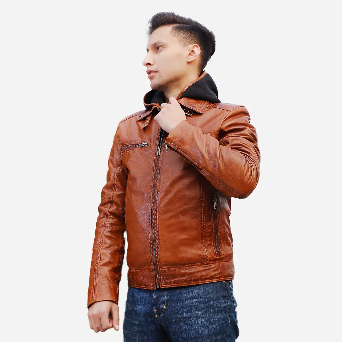 Men's hood leather jacket brandy 9932 - Image 2