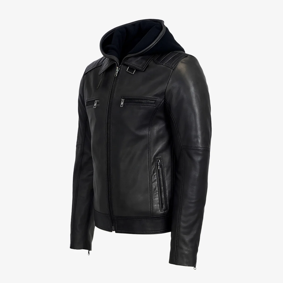 Men's hood leather jacket black 9932 - Image 2
