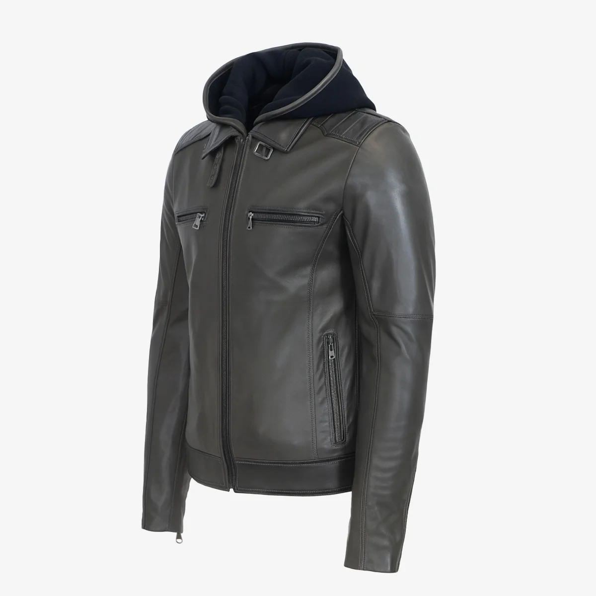 Men's hood leather jacket charcoal 9932 - Image 3