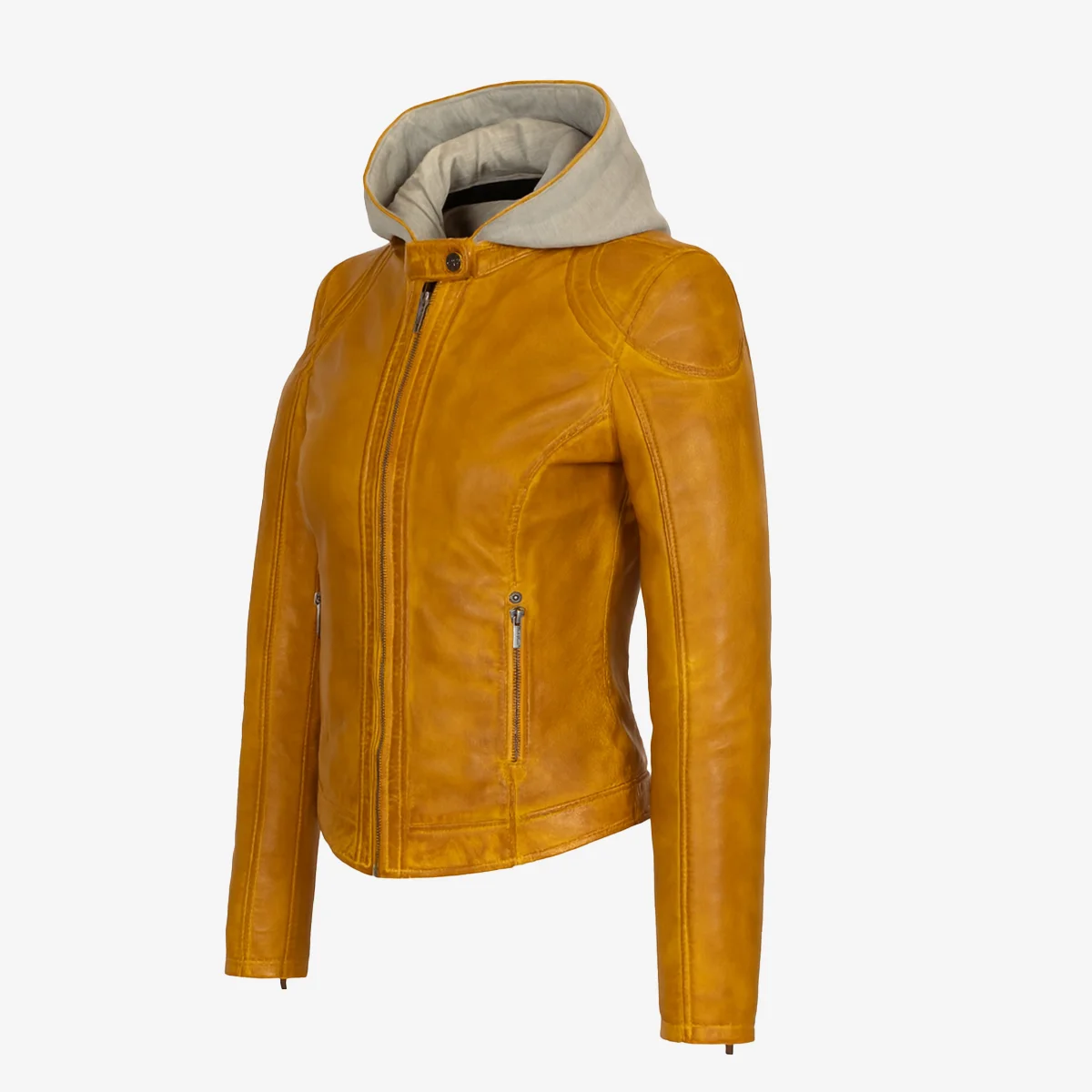 Womens warm leather hood jacket yellow GP - Image 2