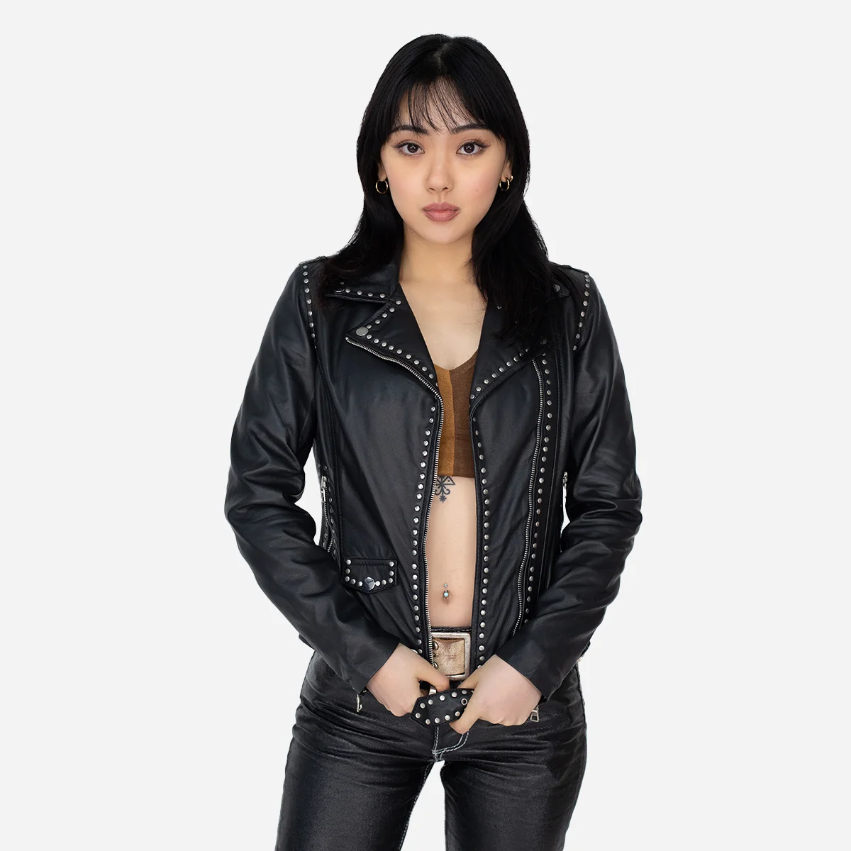 Ladies leather biker jacket black Perfecto studs - Image 2