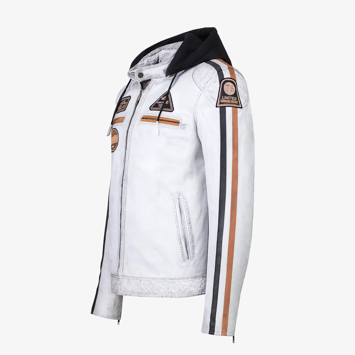 Mens leather biker jacket stripes/patches whiteT20 - Image 2
