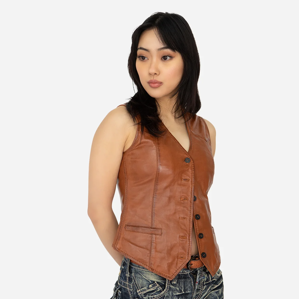 Ladies leather vest brandy Lady waistcoat - Image 2