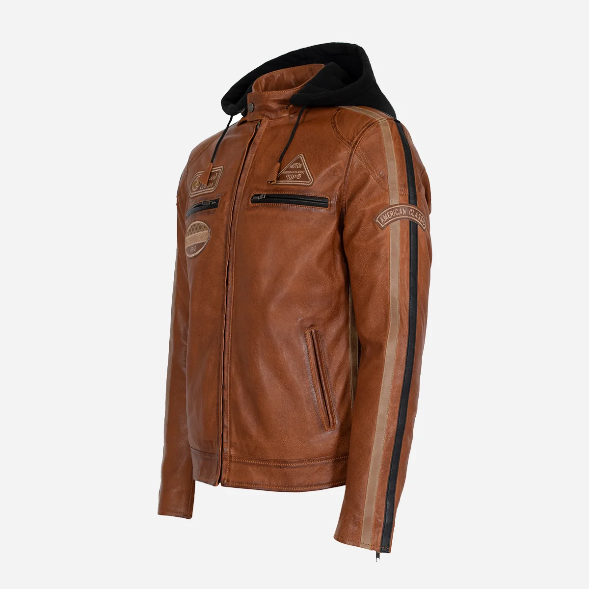 Mens leather biker jacket stripes/patches brandy T20 - Image 2