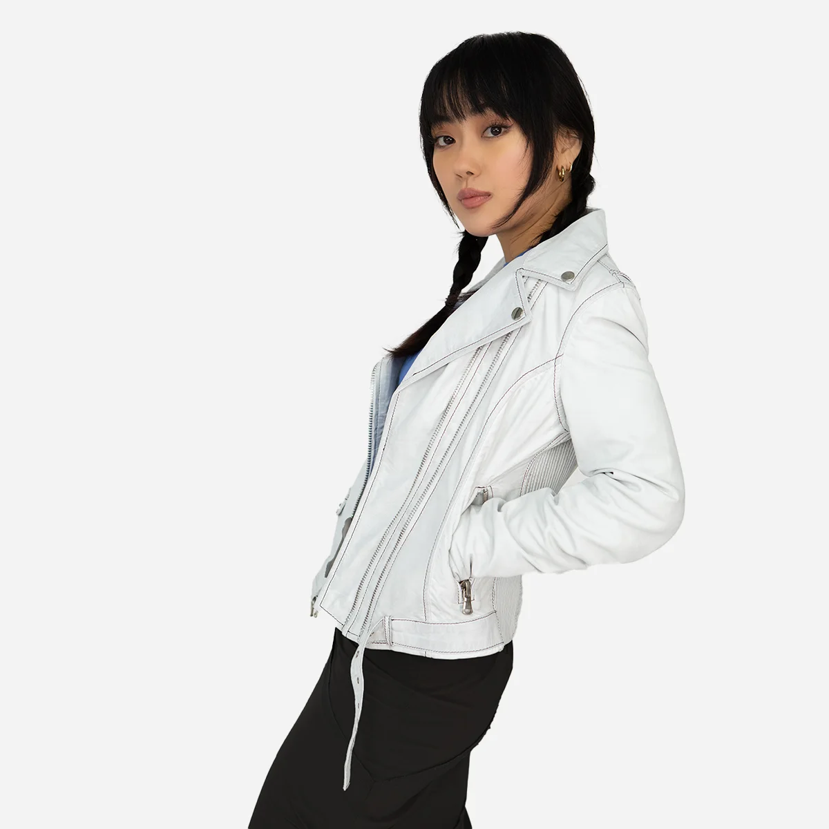 Ladies leather biker jacket perfecto white 9905 - Image 2