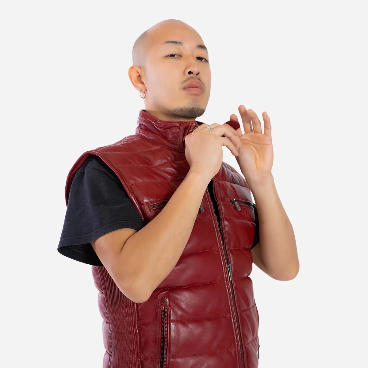 Mens leather puffer red bodywarmer - Image 3