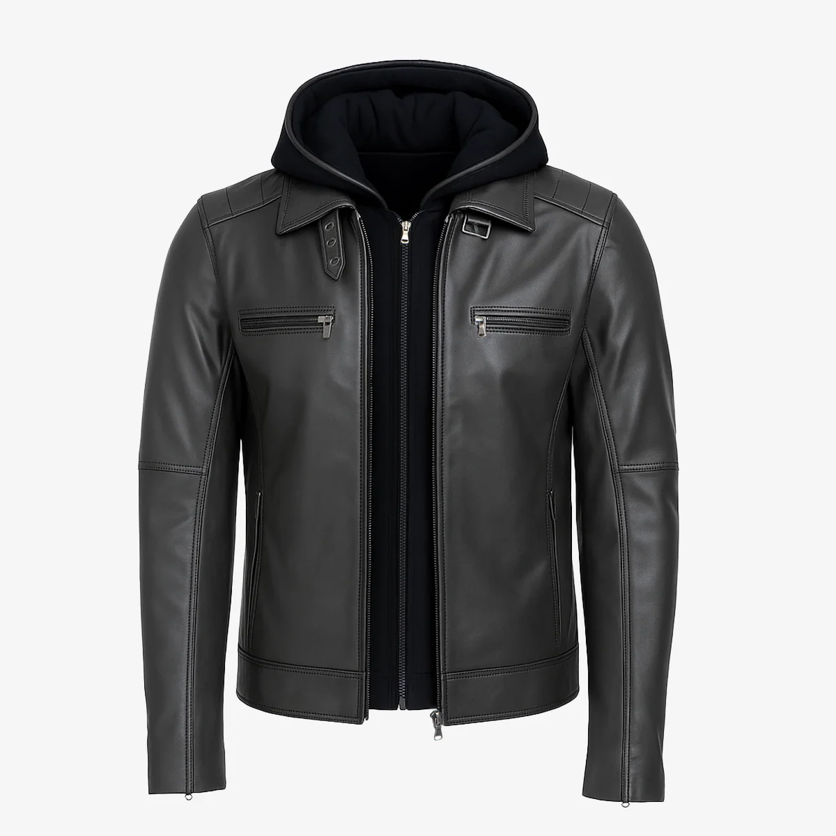 Men's hood leather jacket charcoal 9932 - Image 4