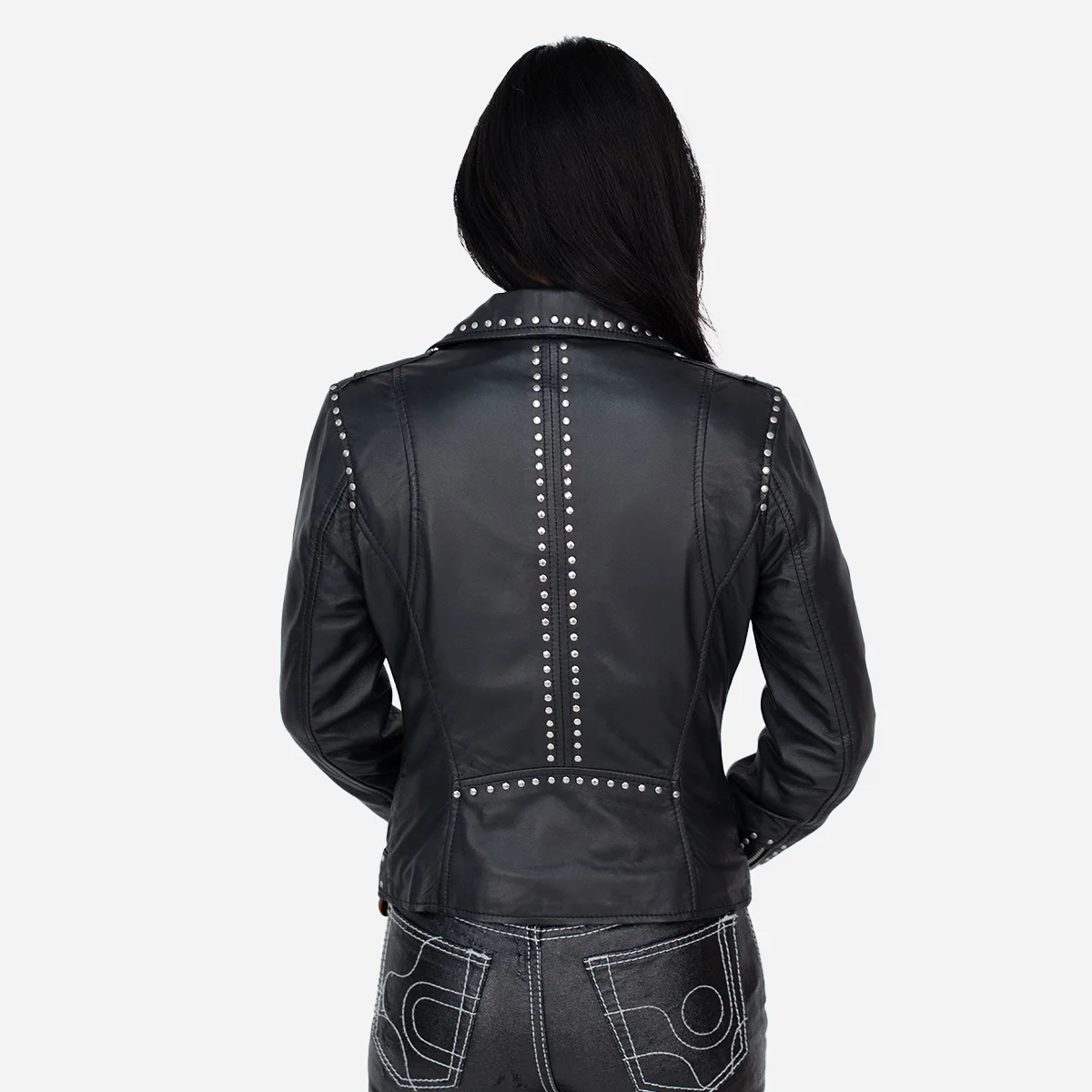 Ladies leather biker jacket black Perfecto studs - Image 3