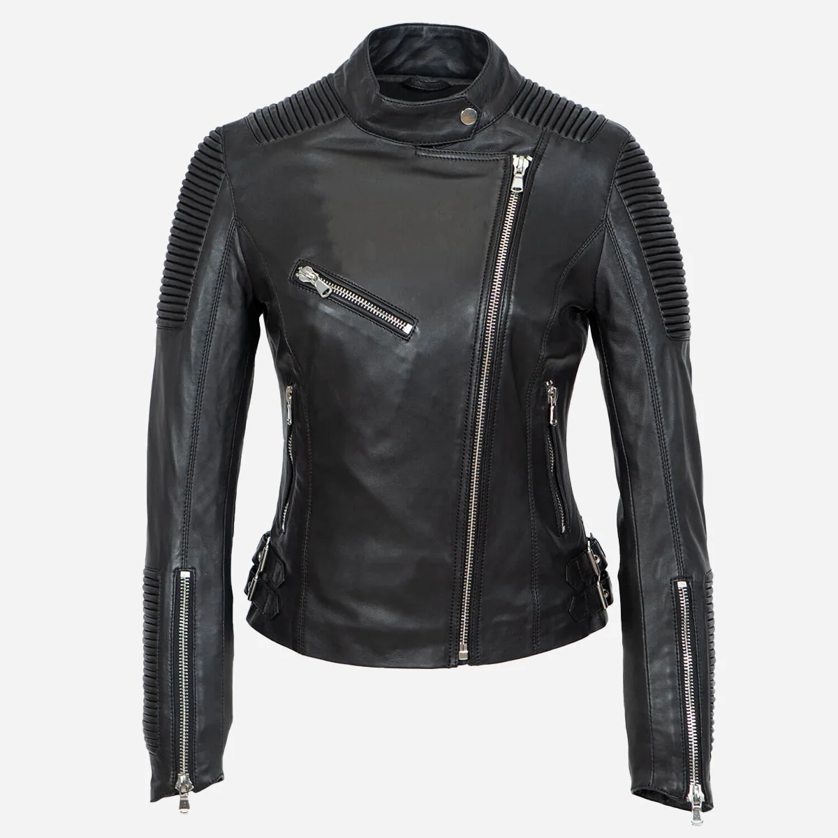 Ladies leather biker jacket black Aqb - Image 3