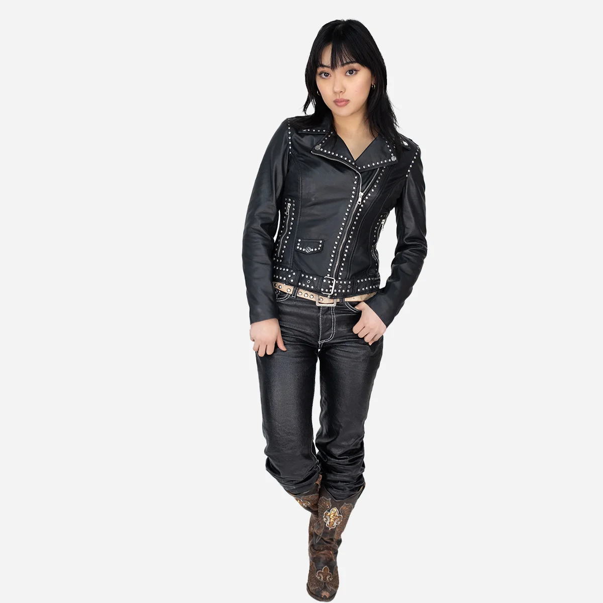 Ladies leather biker jacket black Perfecto studs - Image 4