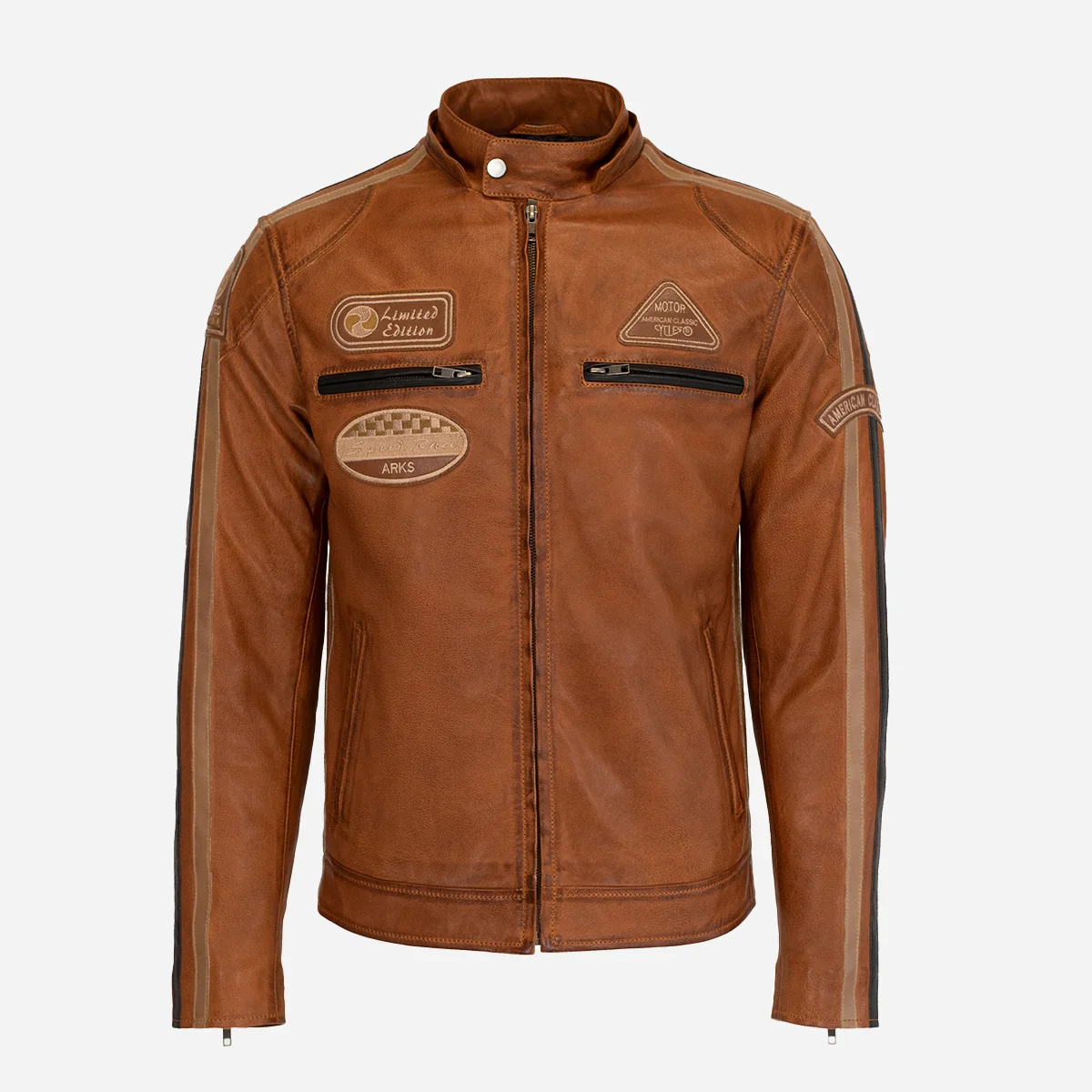 Mens leather biker jacket stripes/patches brandy T20 - Image 4