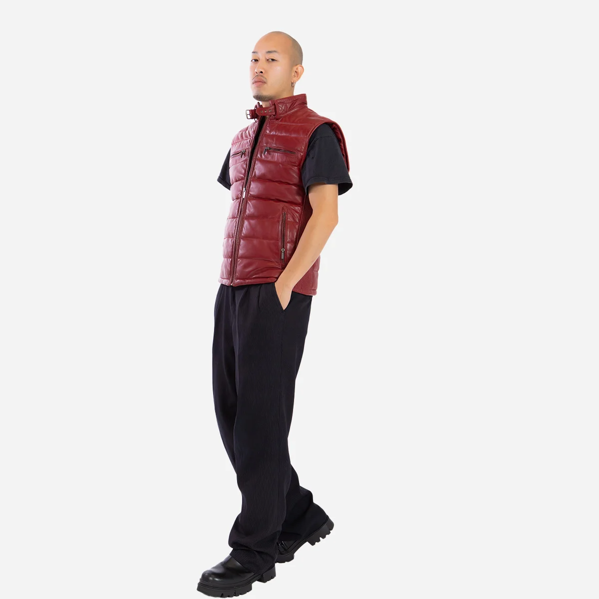 Mens leather puffer red bodywarmer - Image 4