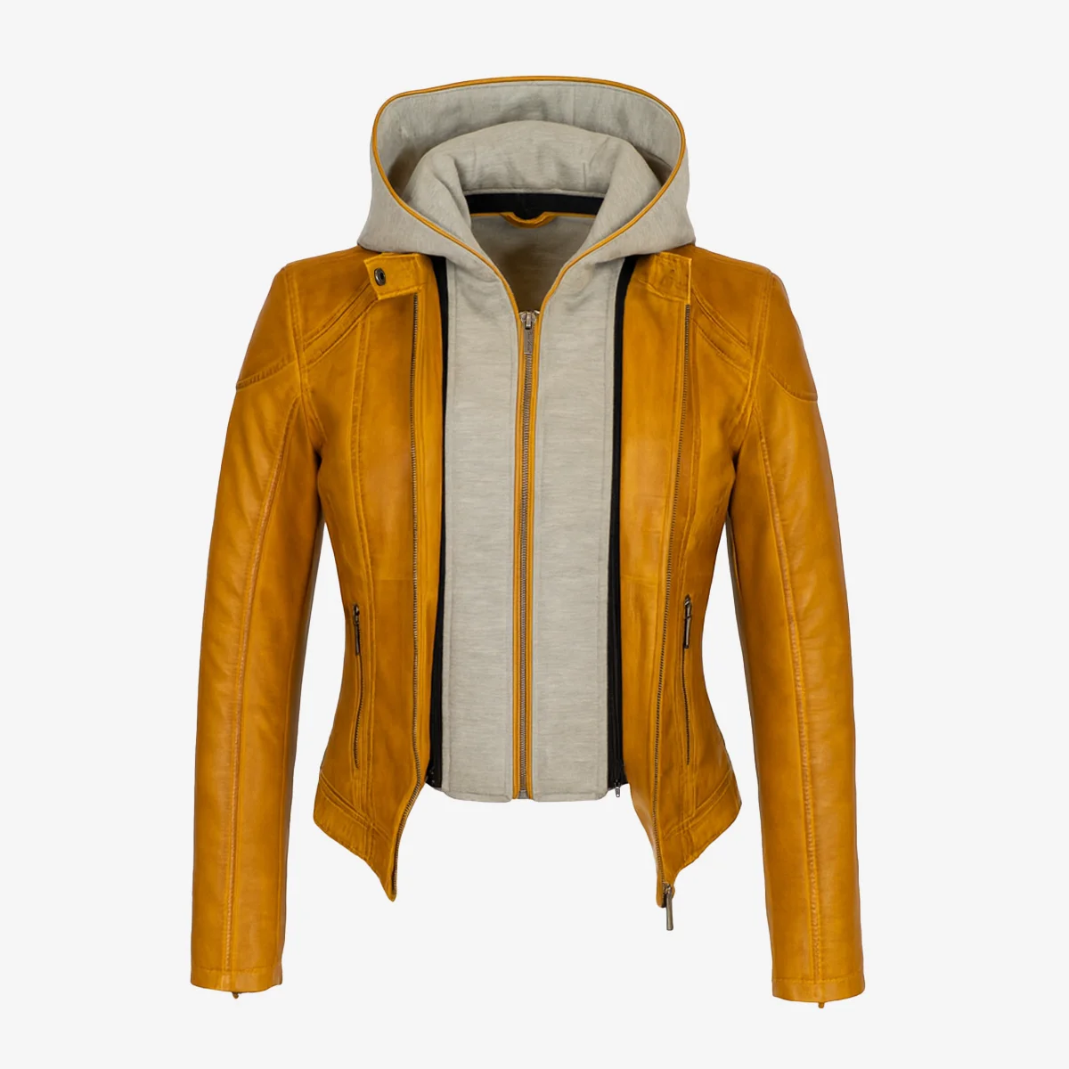 Womens warm leather hood jacket yellow GP - Image 4