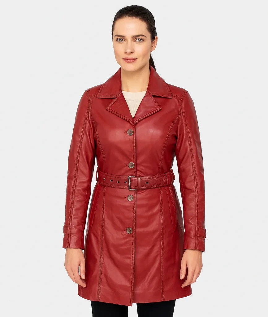 Ladies long leather red Trenchcoat