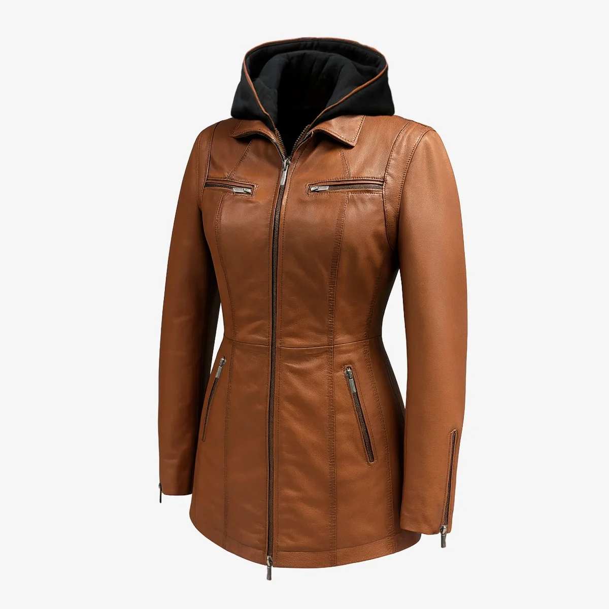 3/4 Slim-Fit Leather Coat with Removable Hoodie Carlo Sacchi - Image 2