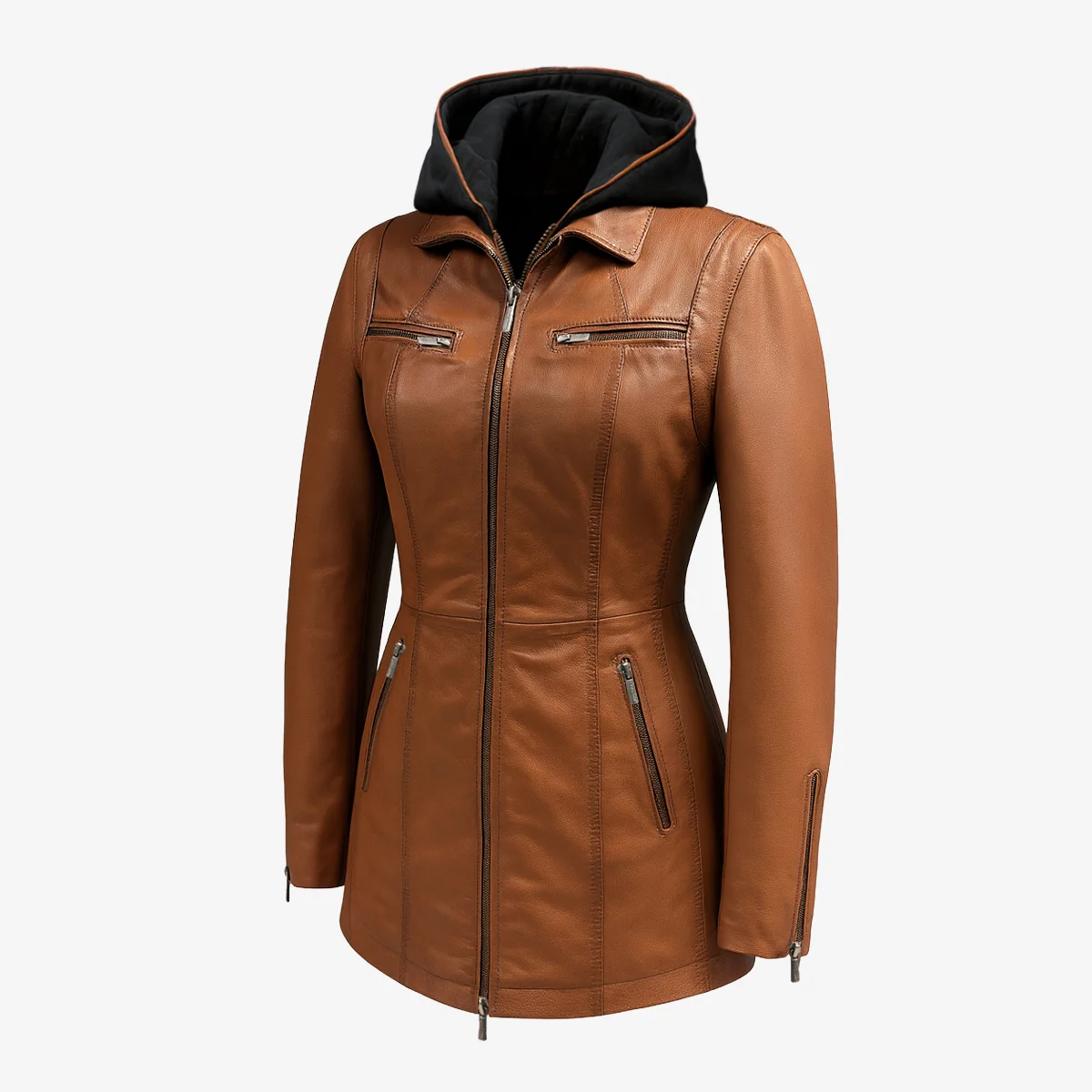 3/4 Slim-Fit Leather Coat with Removable Hoodie Carlo Sacchi - Image 2