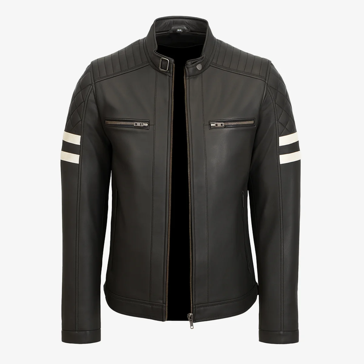 Men's leather biker jacket black Stripes - Image 4
